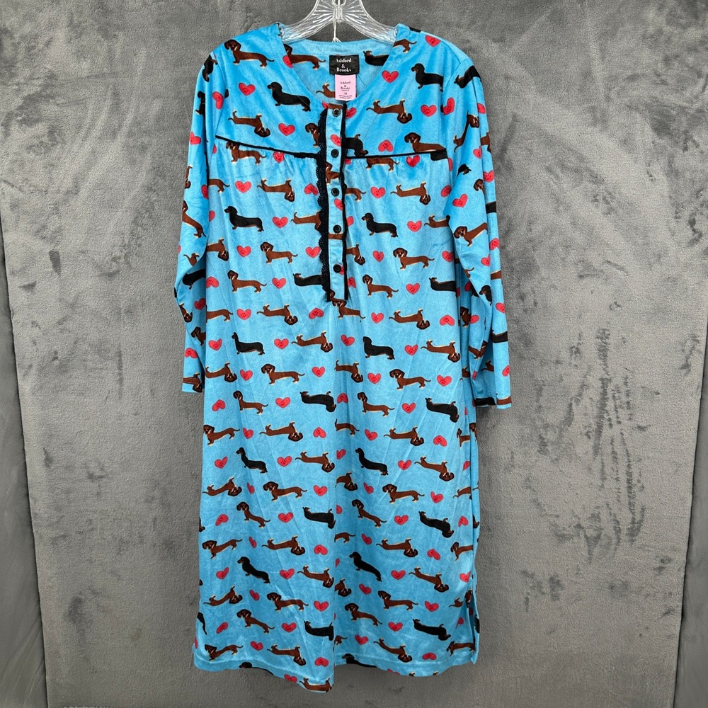 Ashford & Brooks Micro Fleece Nightgown‎ Medium Blue Dachshund Dog Print Lounge - Picture 2 of 9
